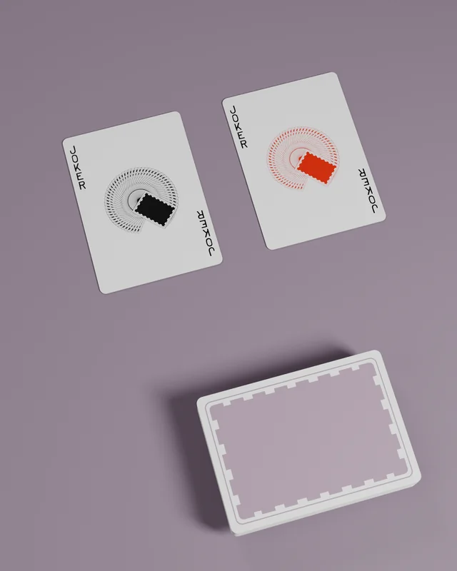 Digital render of the REPRINTED #02 red and black jokers alongside the purple card back