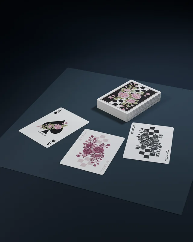 Digital render of a REPRINTED #05 deck, floral ace of spades and two jokers arranged on dark blue paper