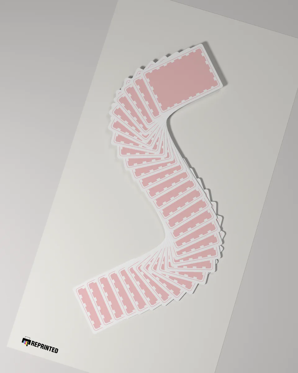 REPRINTED #01 cards spread in an S-shaped ribbon on white paper